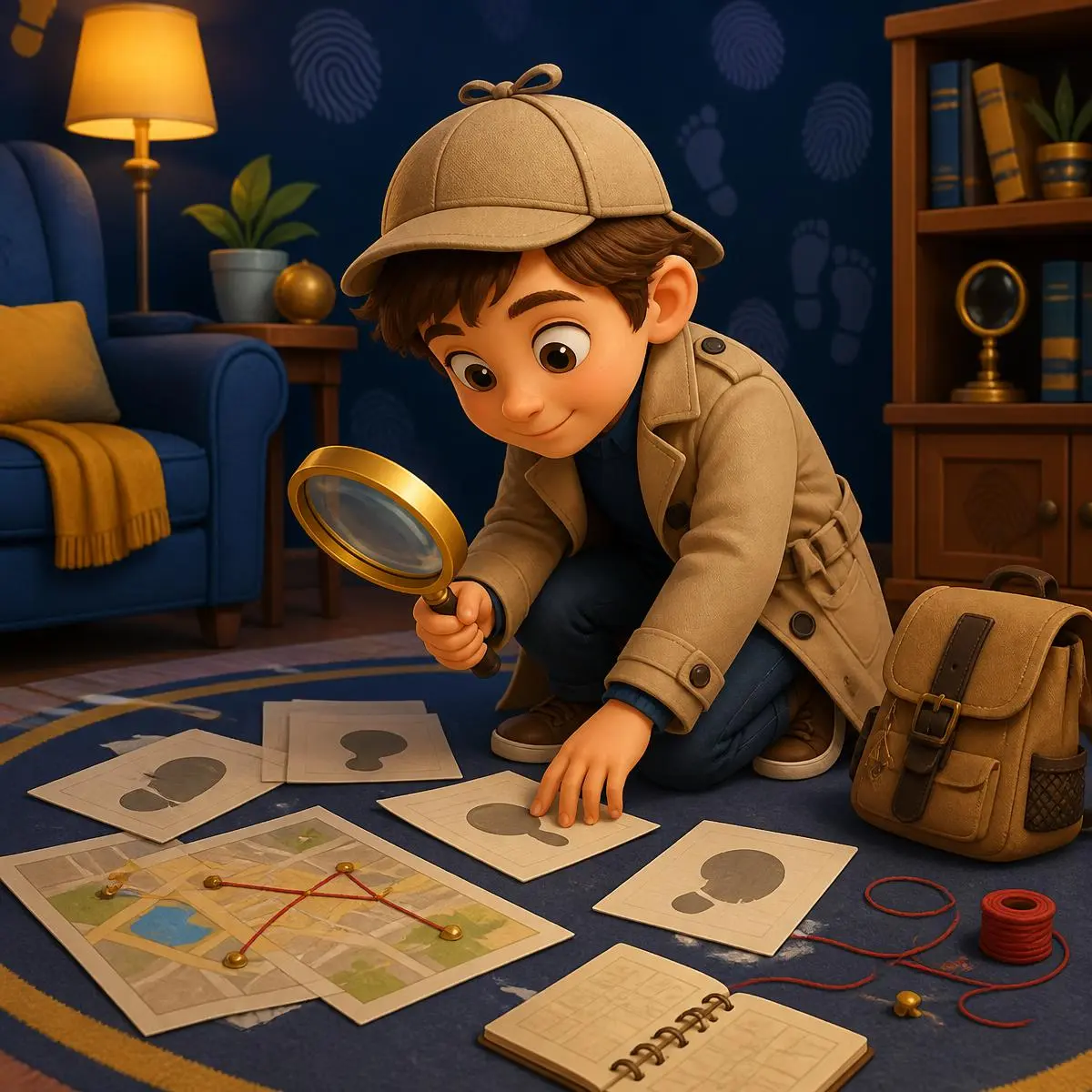Ilustração de criança detetive investigando pistas com lupa e mochila